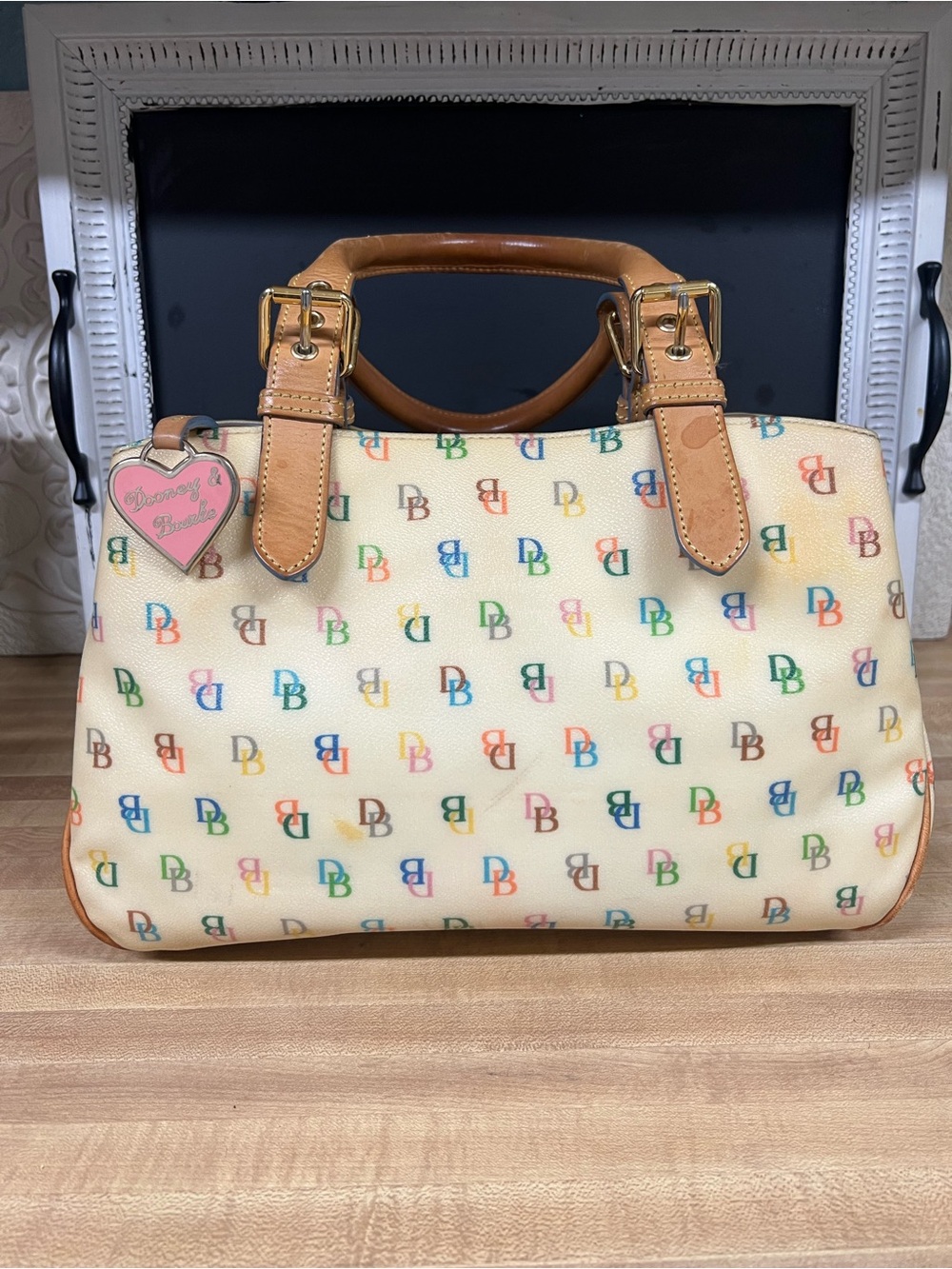 Dooney & Bourke Y2K Cream Multicolor DB Logo Satchel with Tan Trim